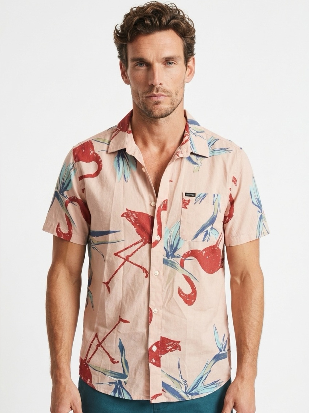 Brixton Light Pink Flamingo Print Short-Sleeve Button-Up